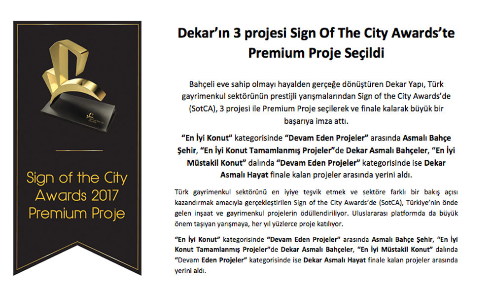 Dekar’ın 3 projesi Sign Of The City Awards’te Premium Proje Seçildi